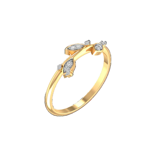A gold ring with a curved, leaf-like top featuring small clear gemstones, shown on a plain white background.