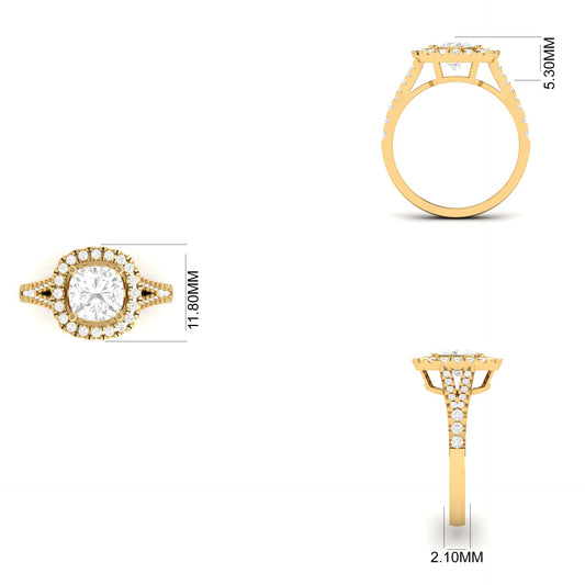Cushion Cut Moissanite Double Halo Engagement Ring | 18K Yellow Gold Over Sterling Silver | Split Shank Bridal Ring for Women