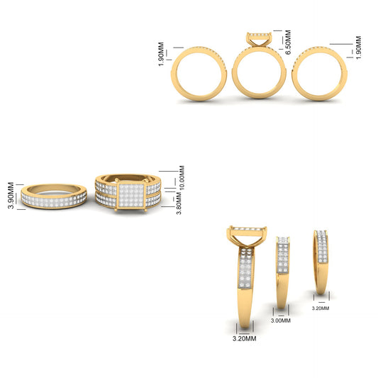 3PC Trio Wedding Ring Set with Princess Cluster Head – Iced Out Matching Engagement & Band Set for Couple