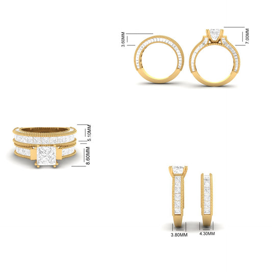 Princess Cut Solitaire Engagement Ring with Multi-Row Baguette Accents in Yellow Gold Finish – Statement Bridal Ring Set