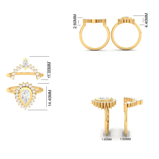 Teardrop Halo Crown Wedding Ring Set | Pear Cut Bridal Set in Gold Over Sterling Silver | True Elegant Design