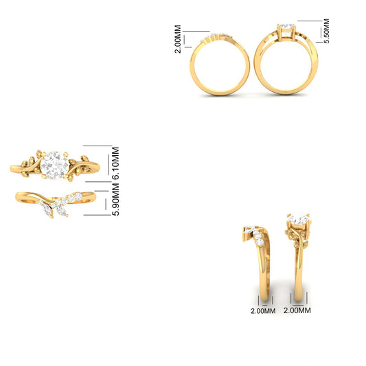 Floral Leaf Engagement Ring Set for Women – Round Cut Solitaire with Marquise Accents in 925 Sterling Silver