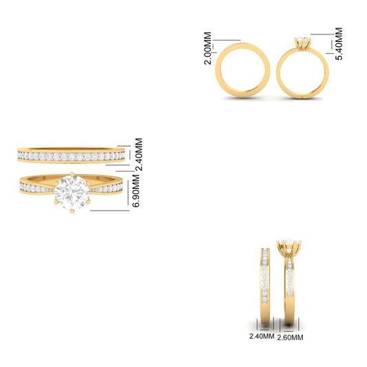 Round Cut Solitaire Engagement Ring with Dual Diamond Rows in Yellow Gold Finish – Classic & Elegant Women’s Ring