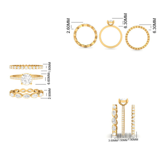 Bridal Engagement Ring Set with Round Solitaire & Marquise Accents – Designer Wedding Band Set for Women