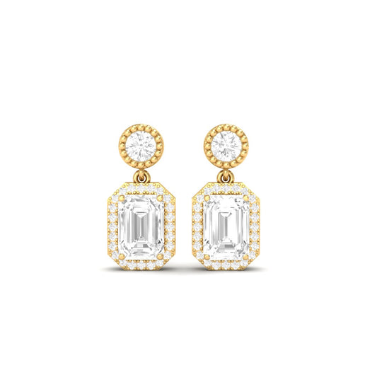 True Elegant Emerald-Cut Moissanite Halo Drop Earrings - 18kt Gold Over Sterling Silver