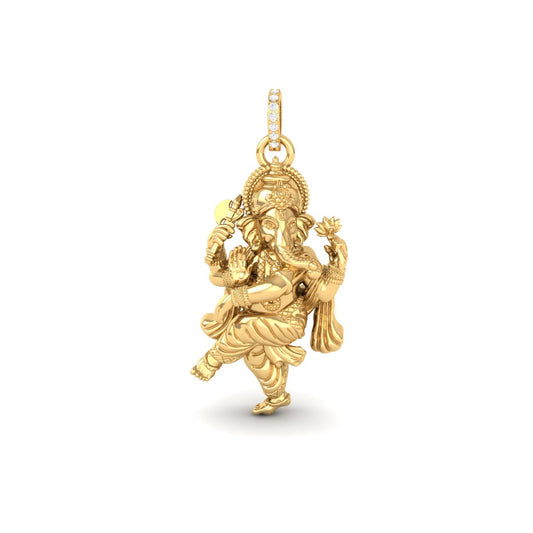 A gold pendant of Lord Ganesha, featuring a detailed dancing deity design with a small row of clear stones along the top bail, set against a plain white background.