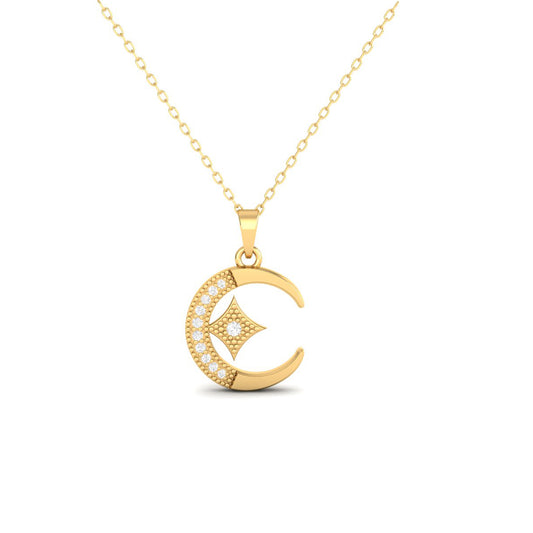 Crescent Moon and Star Diamond Pendant Necklace in 18K Yellow Gold Over Sterling Silver