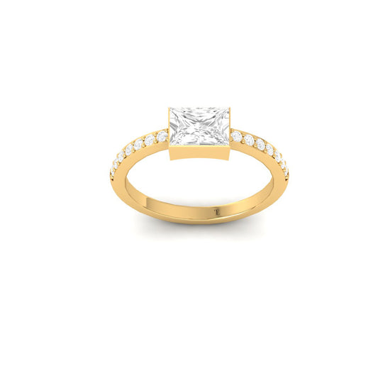 Princess Cut Moissanite Solitaire Ring | 18K Gold Over Sterling Silver | Pavé Band Engagement Ring for Women