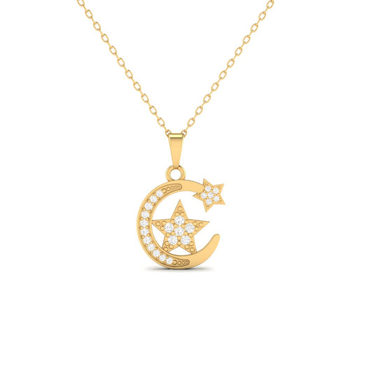 Moon and Star Diamond Pendant Necklace for Women in 18K Yellow Gold Over Sterling Silver