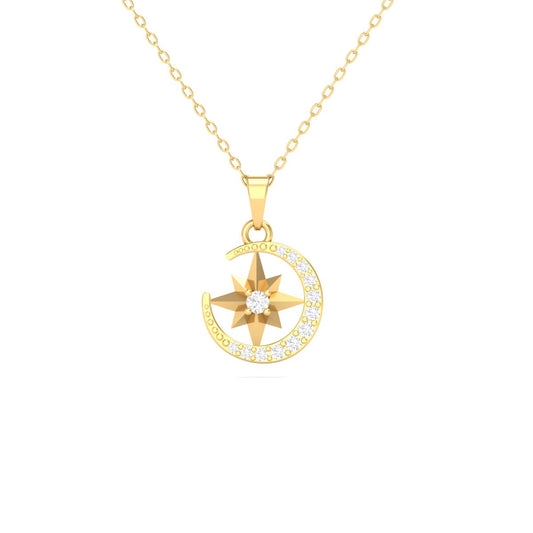 Moon and Star Diamond Pendant Necklace for Women in 18K Yellow Gold Over Sterling Silver