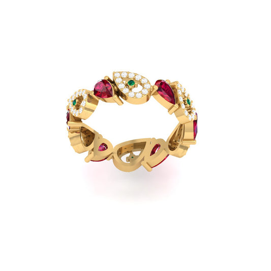 Pear Cut Red Ruby & Diamond Wedding Band Ring in 18K Yellow Gold Over Sterling Silver