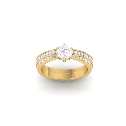 Round Cut Solitaire Engagement Ring with Dual Diamond Rows in Yellow Gold Finish – Classic & Elegant Women’s Ring