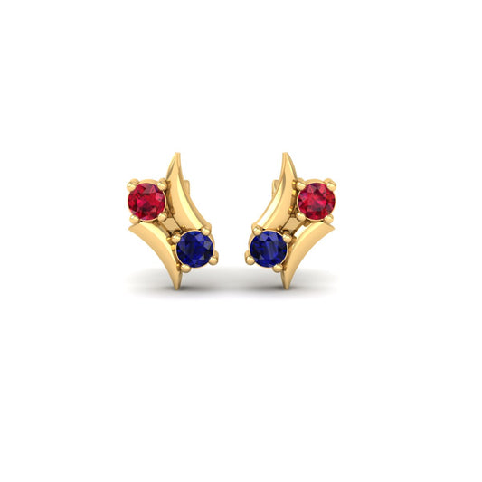 Red Ruby and Blue Sapphire Geometric Stud Earrings