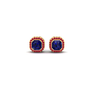 Cushion Cut Blue Sapphire and Red Ruby Halo Stud Earrings | 18K Yellow Gold Over Sterling Silver Cushion Cut Blue Sapphire and Red Ruby Halo Stud Earrings | 18K Yellow Gold Over Sterling Silver