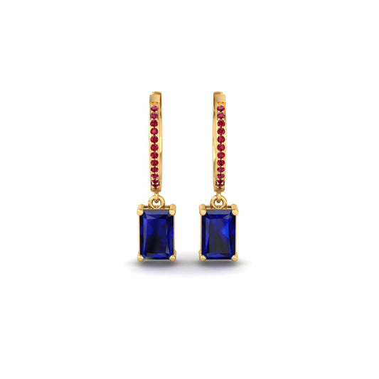 Emerald Cut Blue Sapphire Drop Earrings with Ruby Accents