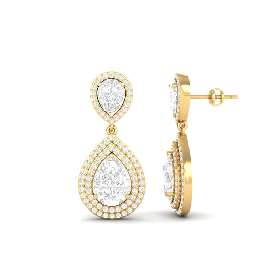 True Elegant Double Pear-Cut Moissanite Halo Drop Earrings 18kt Gold Over Sterling Silver