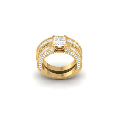 Princess Cut Solitaire Engagement Ring with Multi-Row Baguette Accents in Yellow Gold Finish – Statement Bridal Ring Set