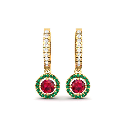 Red Garnet Emerald Diamond Drop Earrings In 18kt Gold Over Sterling Silver