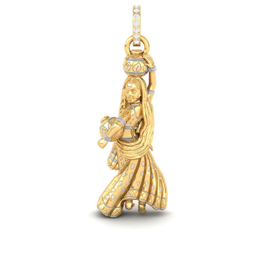 A gold pendant charm of a dancing woman in an ornate gold and light blue enamel dress, holding a pot on her head, shown on a white background.