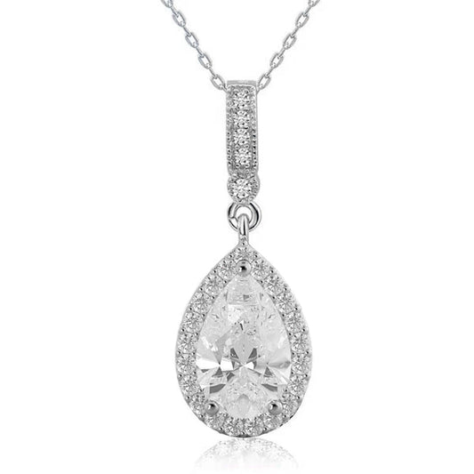 True Elegant 2.0CT Pear Shape Halo Moissanite Diamond Pendant Necklace In Sterling Silver