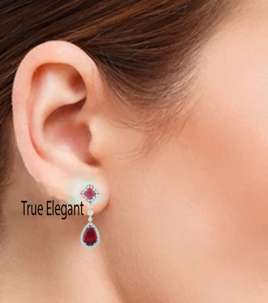 2.0CT Pear Ruby And Diamond Dangle Drop Earrings In Sterling Silver