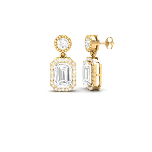 True Elegant Emerald-Cut Moissanite Halo Drop Earrings - 18kt Gold Over Sterling Silver