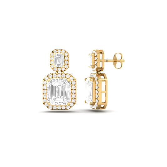 True Elegant Double Emerald-Cut Moissanite Halo Drop Earrings 18kt Gold Over Sterling Silver
