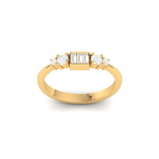 Baguette & Round Diamond Dainty Ring for Women in 18K Yellow Gold Over Sterling Silver – Elegant Promise or Stackable Band