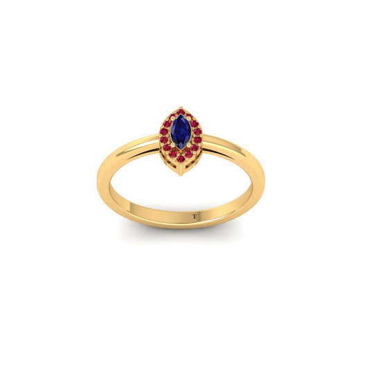 True Elegant 14k Yellow Gold Plated Blue Sapphire & Ruby Marquise Cut Halo Engagement Ring for Women