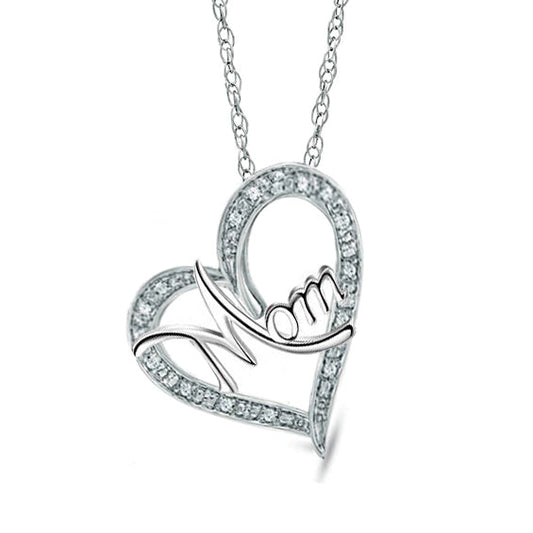 Moissanite Diamond MOM Heart Pendant Necklace In Sterling Silver