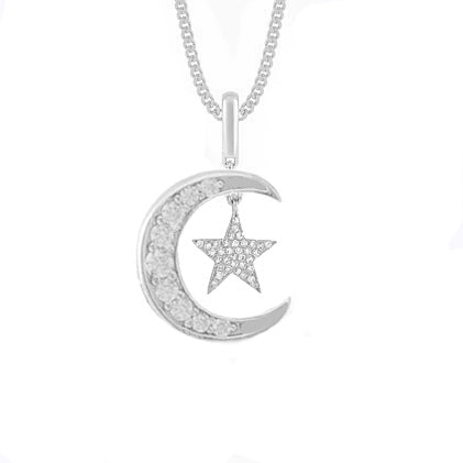 1.0CT Diamond Star Moon Pendant Necklace In Sterling Silver
