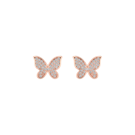 A pair of rose gold butterfly stud earrings paved with small clear stones, shown on a plain white background.