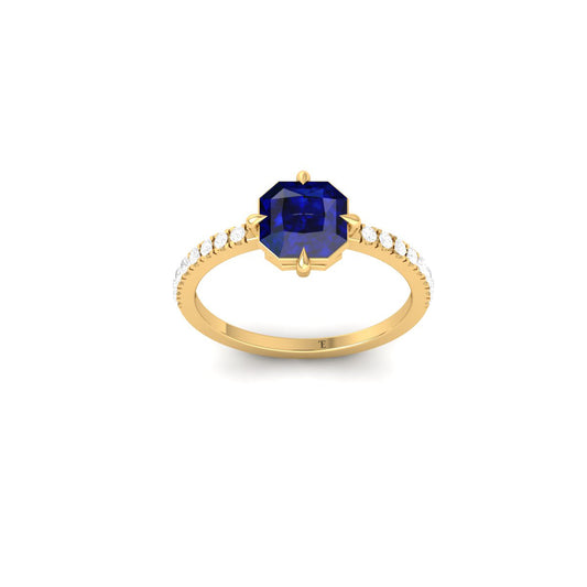1.50CT Asscher Cut Blue Sapphire and Round Cut Moissanite Engagement Wedding Ring for Women, 14K Yellow Gold Plated