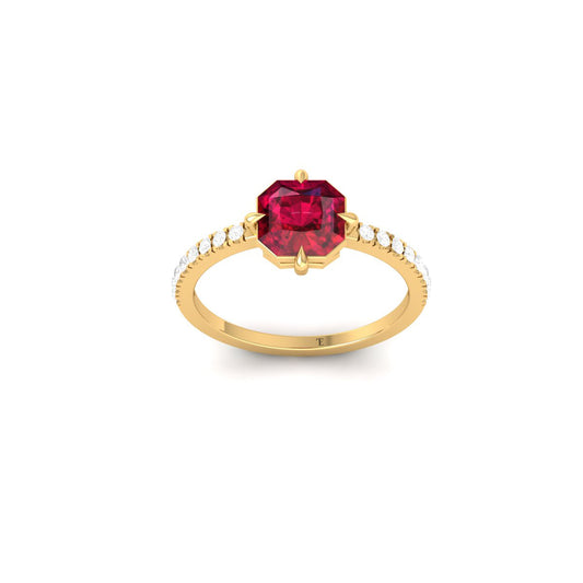 1.50CT Asscher Cut Red Ruby and Round Cut Moissanite Engagement Wedding Ring for Women, 14K Yellow Gold Plated