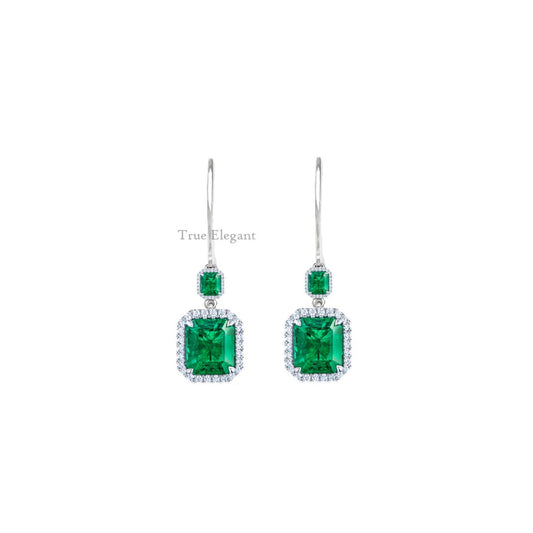 2.0CT Emerald Halo Moissanite Drop Earrings In Sterling Silver