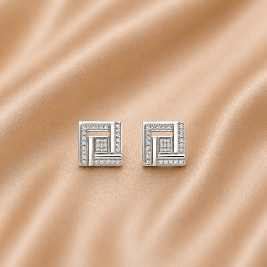 Geometric Maze Stud Earrings, Square Crystal Diamond Earrings, Elegant Modern Minimalist Earrings, Luxury Gift for Women