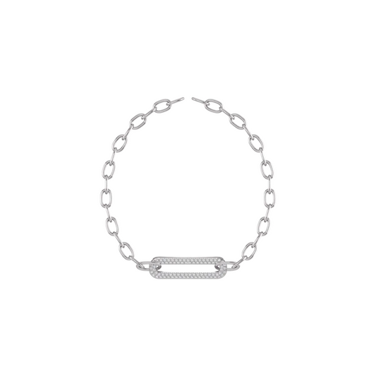 A silver-toned chain bracelet featuring a central horizontal bar link adorned with small clear stones, set against a plain white background.