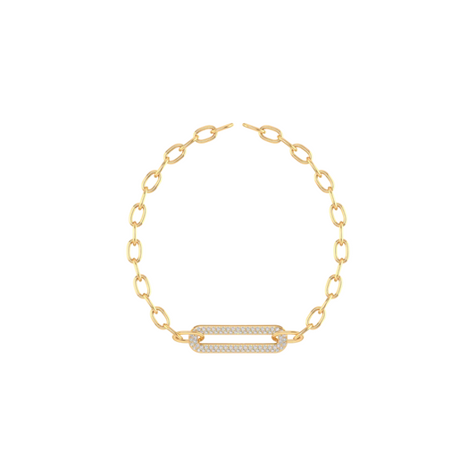 A gold chain bracelet with a central horizontal bar set with small clear stones, shown on a plain white background.