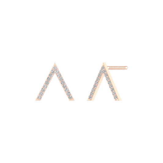 A pair of rose gold geometric wedge stud earrings paved with small clear stones, shown against a solid white background.