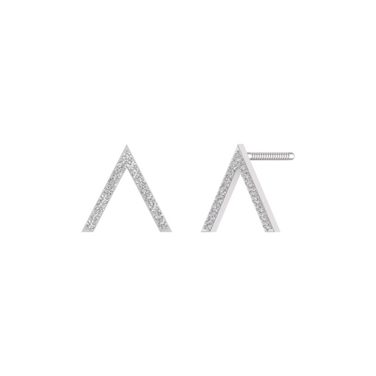 A pair of silver geometric wedge stud earrings set with small clear stones, shown on a plain white background.
