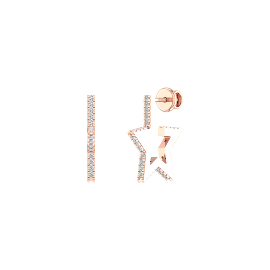 Rose gold star-shaped stud earrings with clear rectangular gemstones, shown on a plain white background with one earring front view and the other side/back view.