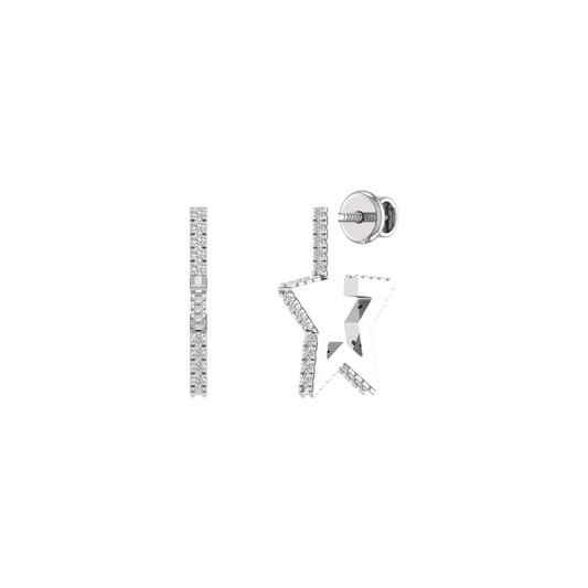 A pair of silver-toned stud earrings on a plain white background. One earring is shown front-facing as a vertical bar with small clear stones, and the other is shown from the side/back with a star-shaped outline and post visible.
