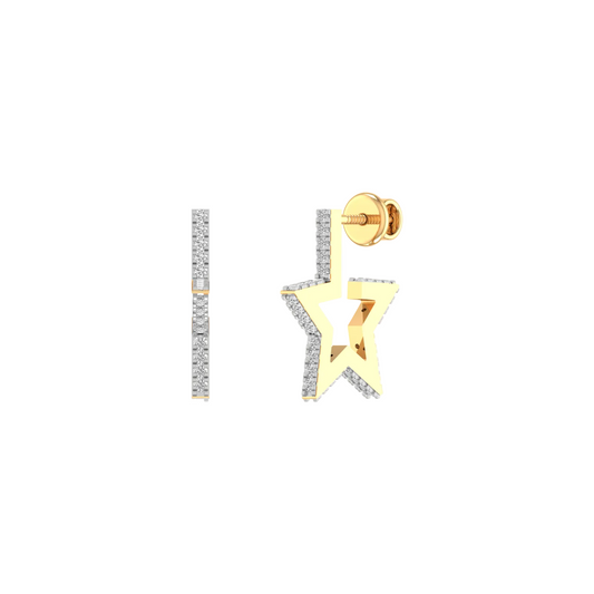 A pair of gold and crystal stud earrings on a plain white background. One earring is shown vertically with a rectangular crystal-studded setting, and the other is shown horizontally with a star-shaped crystal-studded frame and a gold-toned center.