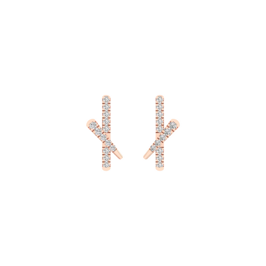 A pair of rose gold stud earrings with vertical bars set with small clear stones, arranged in an X shape on a plain white background.