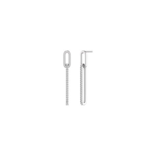 A pair of dainty drop earrings with a white gold or rose gold finish, featuring a moissanite diamond dangle.