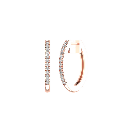 A pair of rose gold hoop earrings with pavé-set clear stones, shown from the front and side against a solid white background.