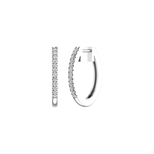 A pair of silver hoop earrings with pavé-set clear stones, shown from front and side angles on a plain white background.