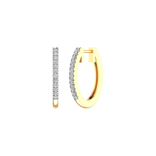 A pair of gold huggie hoop earrings with pavé-set clear stones on one side, shown on a plain white background.