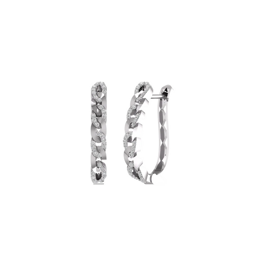 A pair of silver-toned huggie hoop earrings with a textured, chain-link style design and small clear stones, shown on a plain white background.