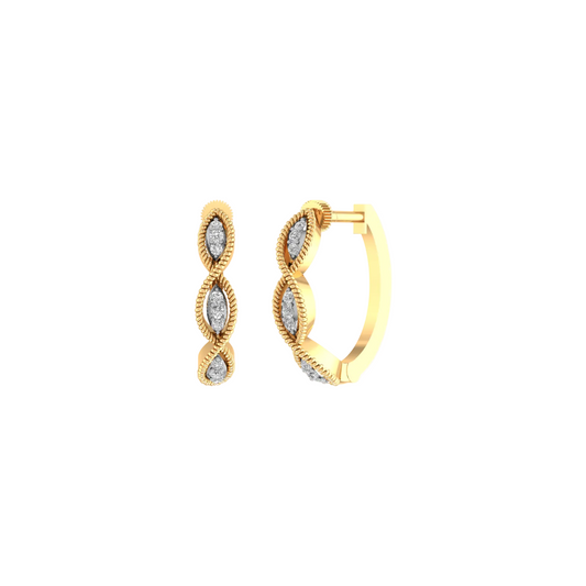 A pair of gold huggie hoop earrings with marquise-cut gemstones, shown on a plain white background.